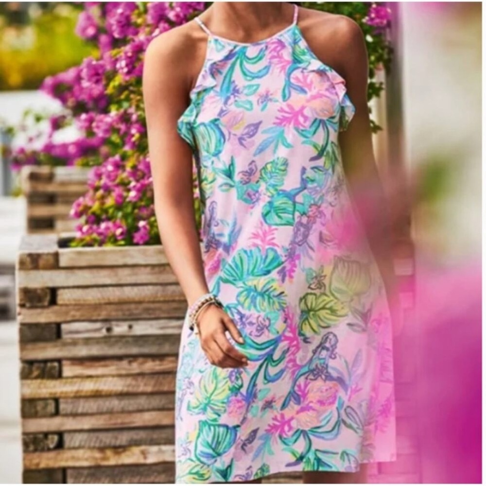 Lilly Pulitzer Billie Ruffle Dress Mermaid in the Shade Saltwater Blue XS Halter
